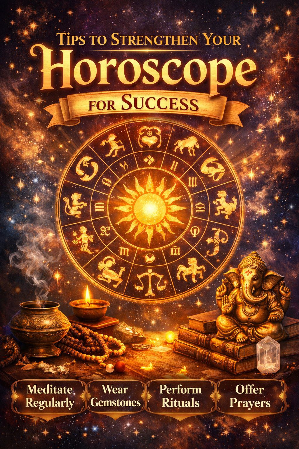 Tips to strengthen your horoscope for success featuring zodiac wheel, meditation, gemstones, and spiritual rituals.
